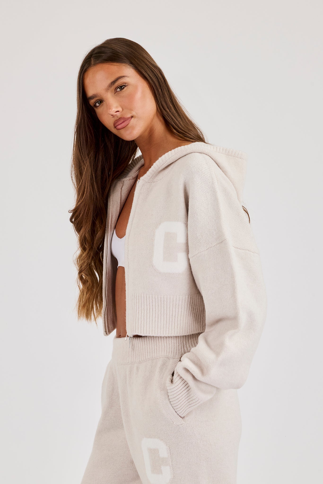 C Intarsia Cropped Zip Through Hoodie - Oatmeal